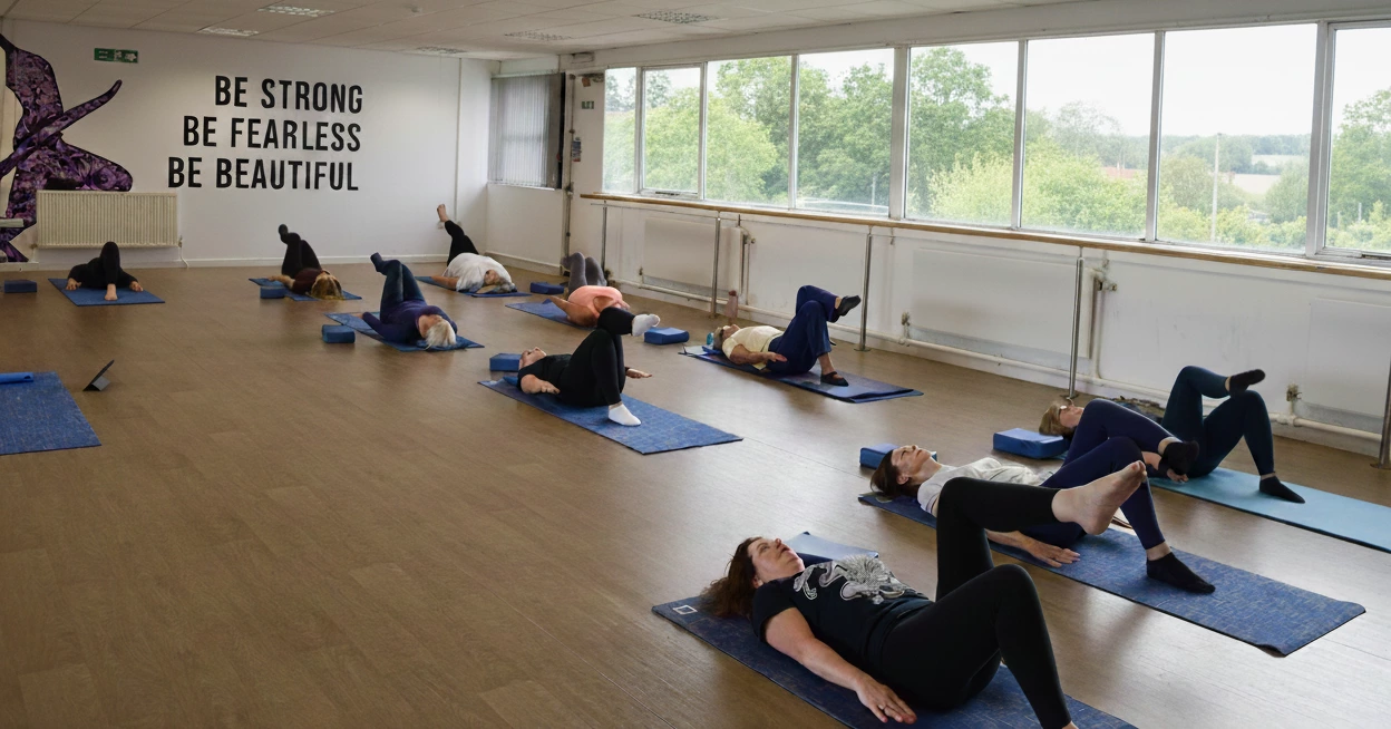 Pilates class in action at Flow Physio Pilates studio in Redditch - participants on mats doing exercises